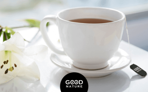 Cup of Good Nature tea on a saucer
