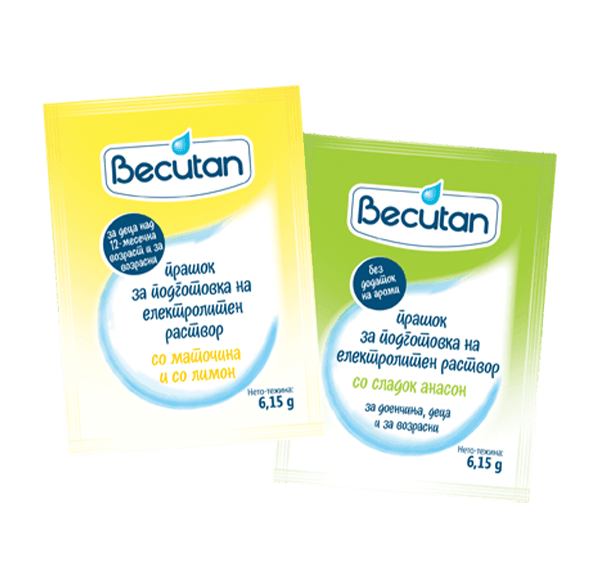 Becutan powder sachets for preparation of electrolyte solution for infants, children and adults