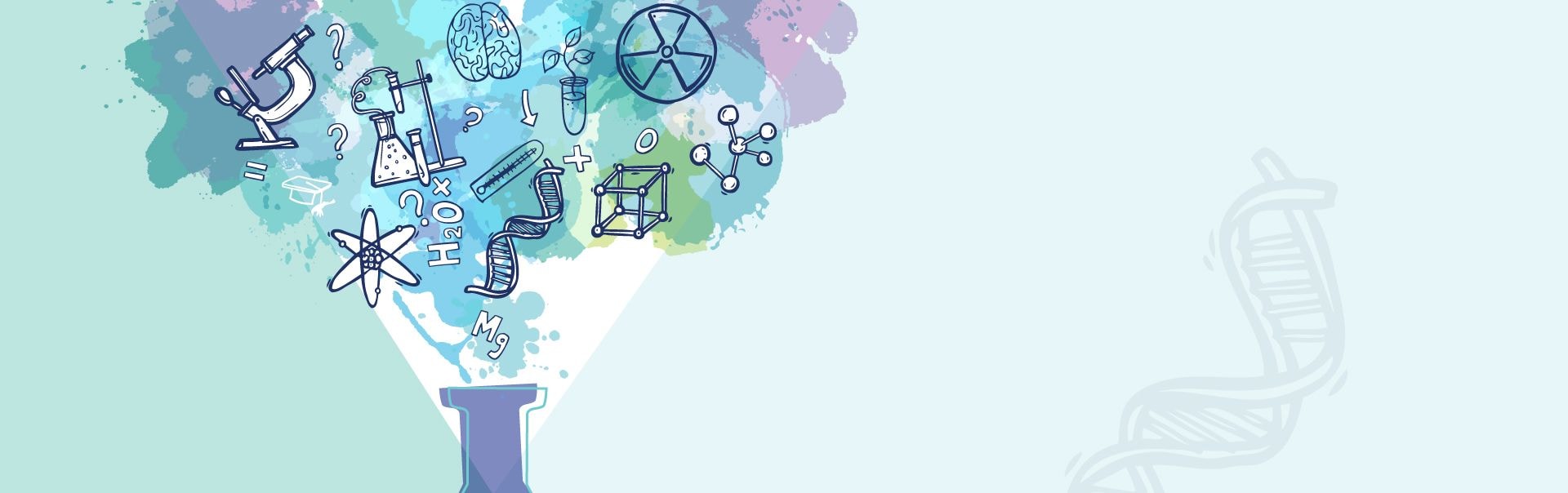 Illustration of a flask releasing icons of science, learning and ideas
