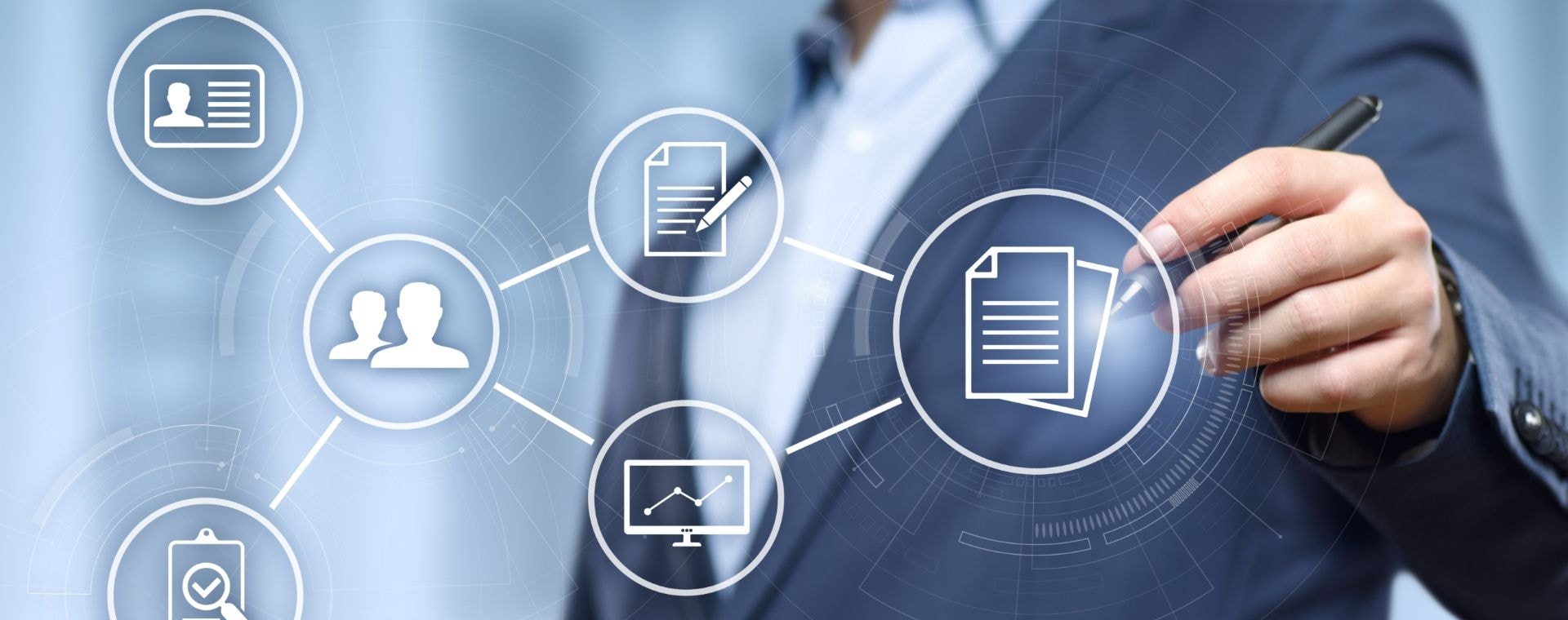 Person selecting document icons on a digital interface