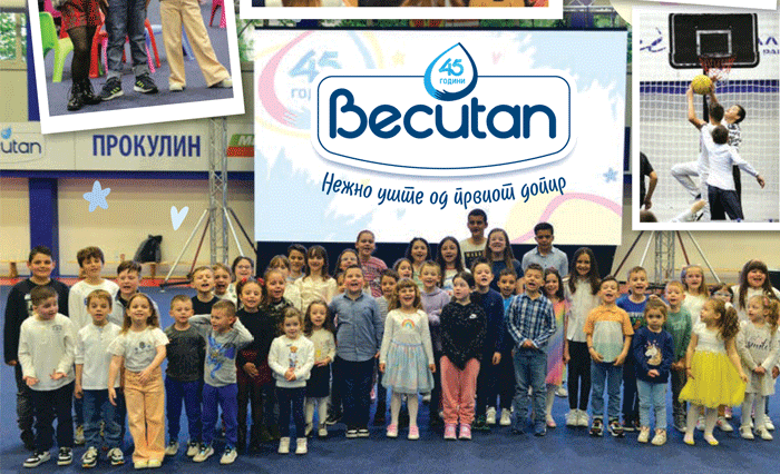 Collage of children's event photos: a group of kids posing under a "45 years Becutan" banner.