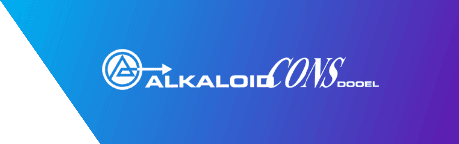 Alkaloid KONS DOOEL logo on a blue gradient background