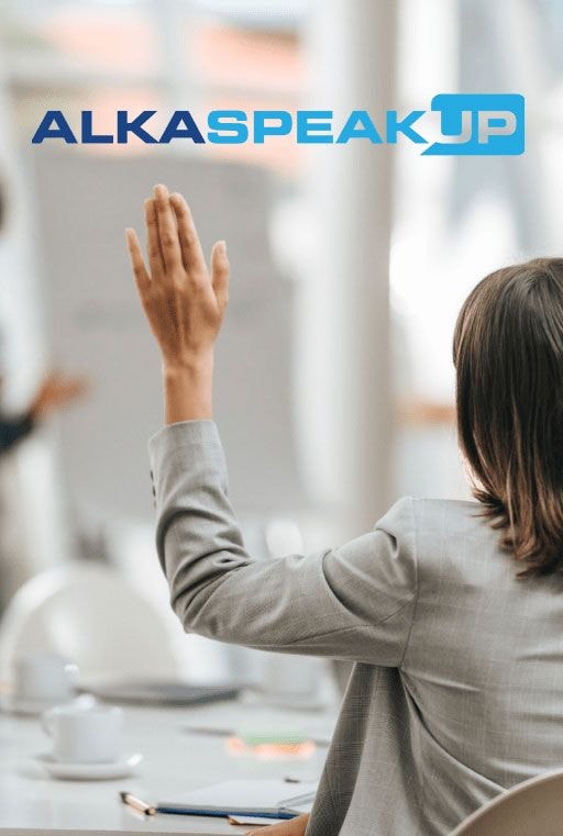 Woman raising her hand, on the AlkaSpeakUp reporting banner