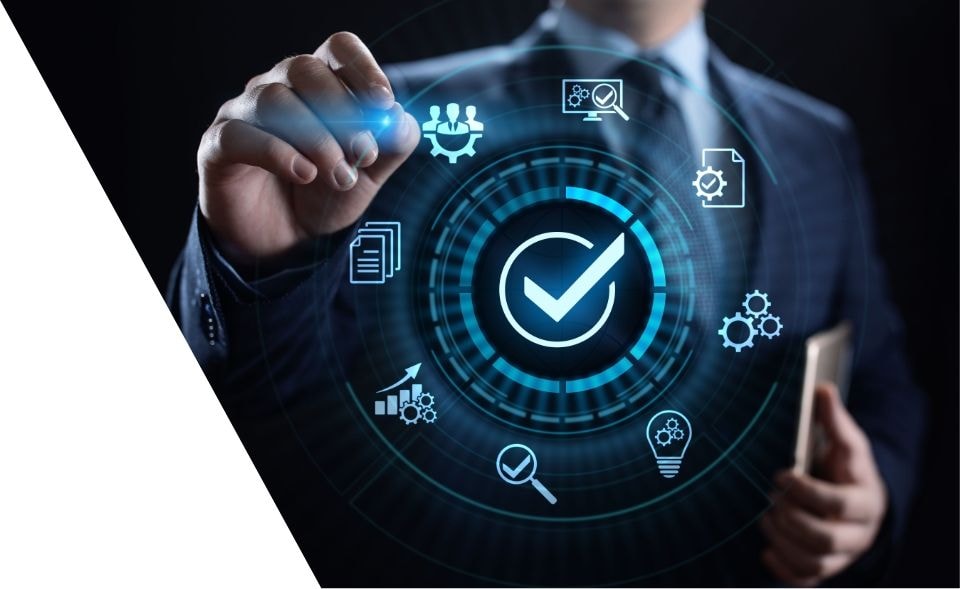 Hand touching a digital quality certification checkmark icon