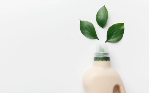 Household cleaning bottle with a green plant growing from it