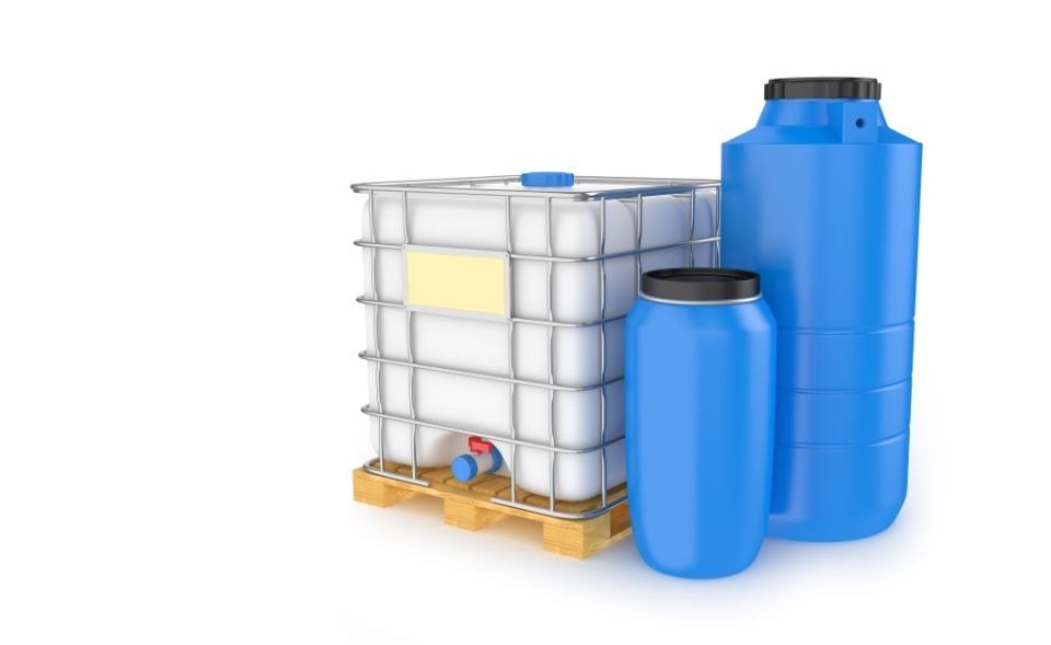 Blue industrial chemical containers and an intermediate bulk container