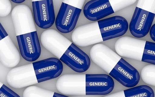 Scattered blue and white capsules labelled generic