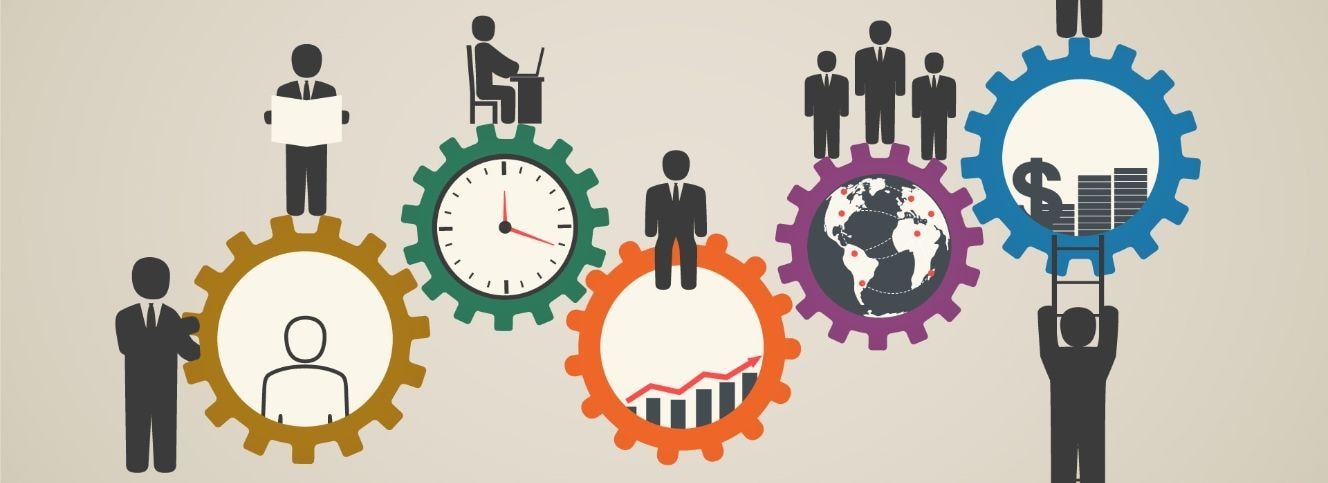 Illustration of people working together around interlocking gears